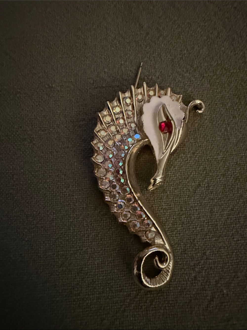 Silver Sequin Seahorse Brooch with iridescent Accents